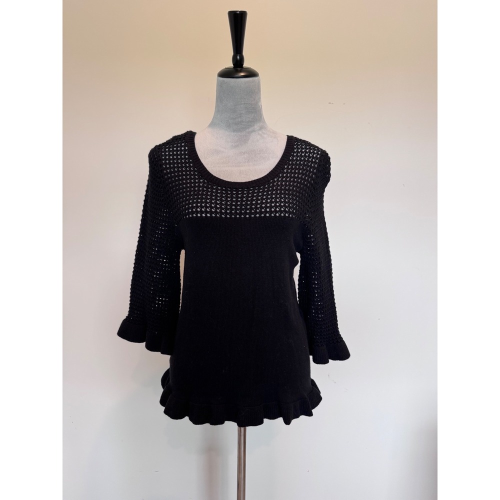 Ann Taylor Factory Black Crochet Ruffle Knit Top 3/4 Sleeve Scoop Neck Small